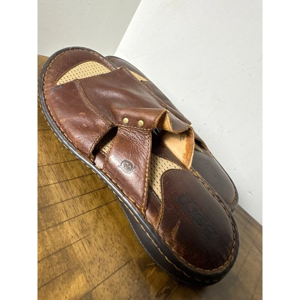 Born Men’s 14M Brown Leather Slide Sandals Comfort Cushioned Slip On